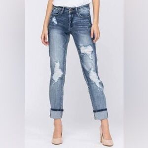 Judy Blue Destroyed Bleach Splatter Boyfriend Jeans Size 14W Distressed Dark